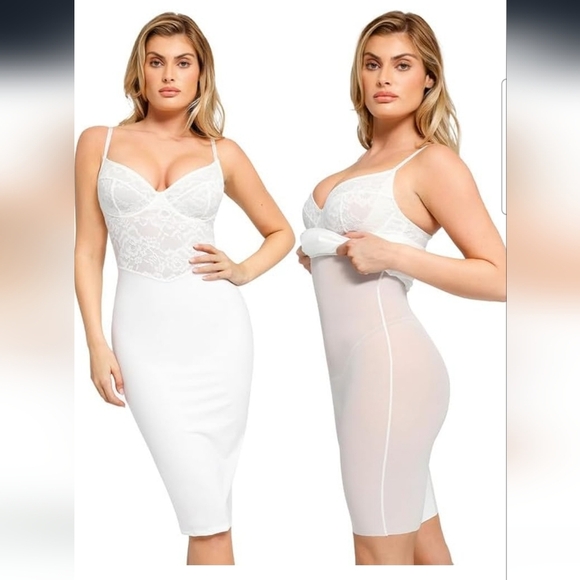 Popilush Dresses & Skirts - Popilush White Lace Corset Shapewear Bodycon Tummy Control Midi Dress Size XL